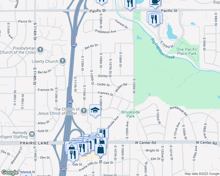 map of restaurants, bars, coffee shops, grocery stores, and more near 10702 Frances Street in Omaha