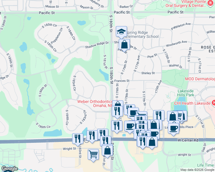 map of restaurants, bars, coffee shops, grocery stores, and more near 2113 South 181st Circle in Omaha