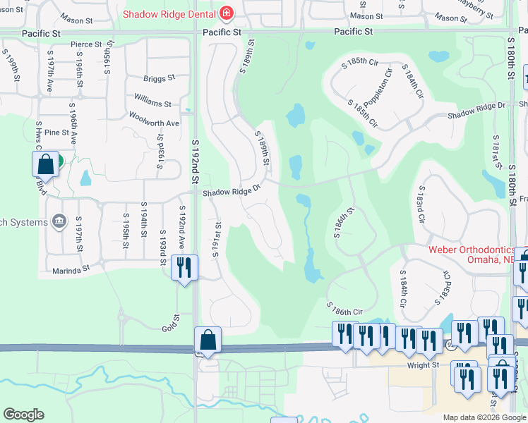 map of restaurants, bars, coffee shops, grocery stores, and more near 2124 South 190th Circle in Omaha