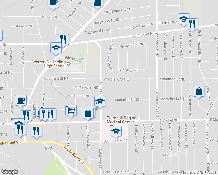 map of restaurants, bars, coffee shops, grocery stores, and more near 397 Bonnie Brae Avenue Northeast in Warren