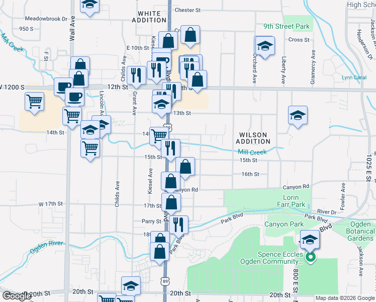 map of restaurants, bars, coffee shops, grocery stores, and more near in Ogden
