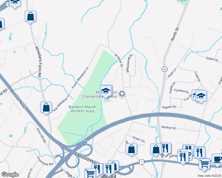 map of restaurants, bars, coffee shops, grocery stores, and more near 44 Randolph Farm Road in Milford