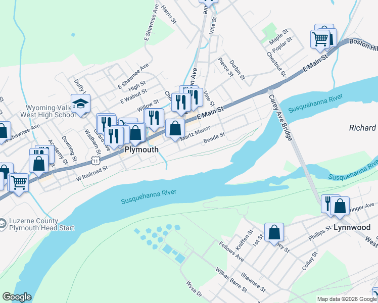 map of restaurants, bars, coffee shops, grocery stores, and more near 170 Beade St in Plymouth