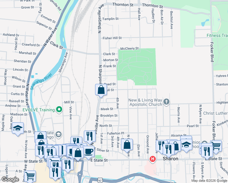 map of restaurants, bars, coffee shops, grocery stores, and more near 403 Delaware Street in Sharon