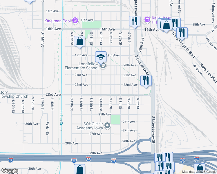 map of restaurants, bars, coffee shops, grocery stores, and more near 2215 South 9th Street in Council Bluffs