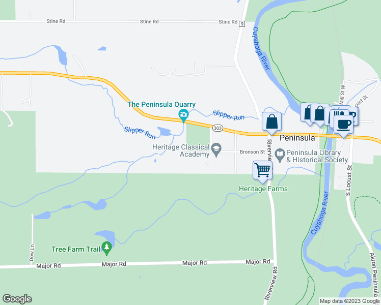 map of restaurants, bars, coffee shops, grocery stores, and more near 1930 Bronson St in Peninsula