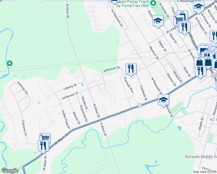 map of restaurants, bars, coffee shops, grocery stores, and more near 63 Jefferson Street in Norwalk