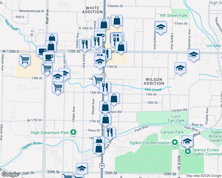 map of restaurants, bars, coffee shops, grocery stores, and more near 1455 South 440 West Street in Ogden