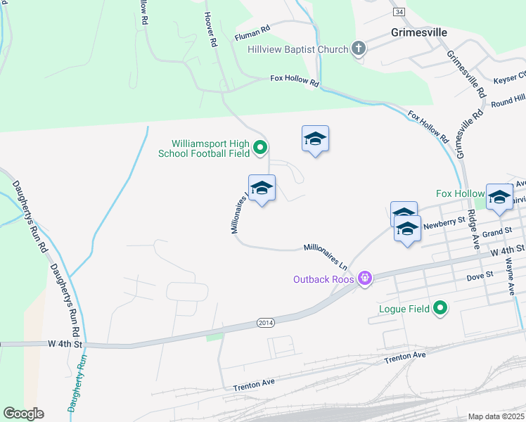 map of restaurants, bars, coffee shops, grocery stores, and more near 2990 West 4th Street in Williamsport