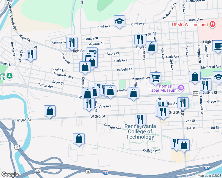 map of restaurants, bars, coffee shops, grocery stores, and more near 1172 West 4th Street in Williamsport