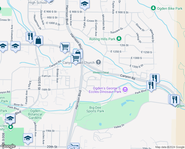 map of restaurants, bars, coffee shops, grocery stores, and more near 1346 Millcreek Drive in Ogden