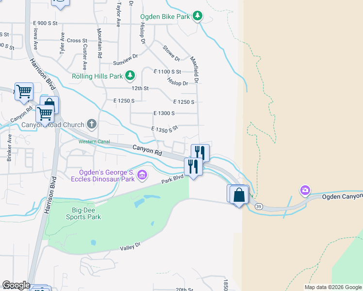 map of restaurants, bars, coffee shops, grocery stores, and more near 1677 East 1450 South in Ogden