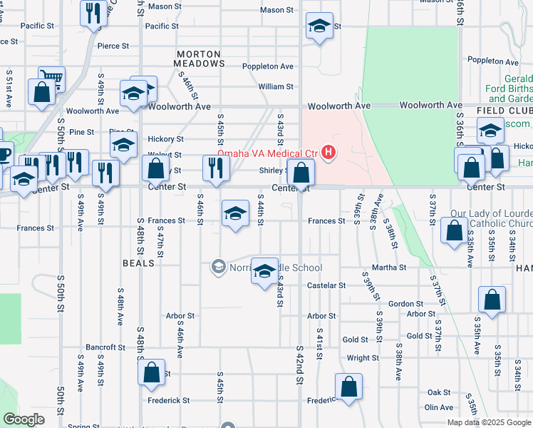 map of restaurants, bars, coffee shops, grocery stores, and more near 1905 South 44th Street in Omaha