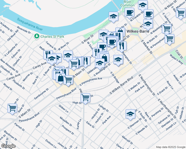 map of restaurants, bars, coffee shops, grocery stores, and more near 279 South Washington Street in Wilkes-Barre