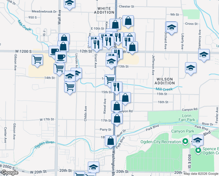 map of restaurants, bars, coffee shops, grocery stores, and more near 1405 Washington Boulevard in Ogden
