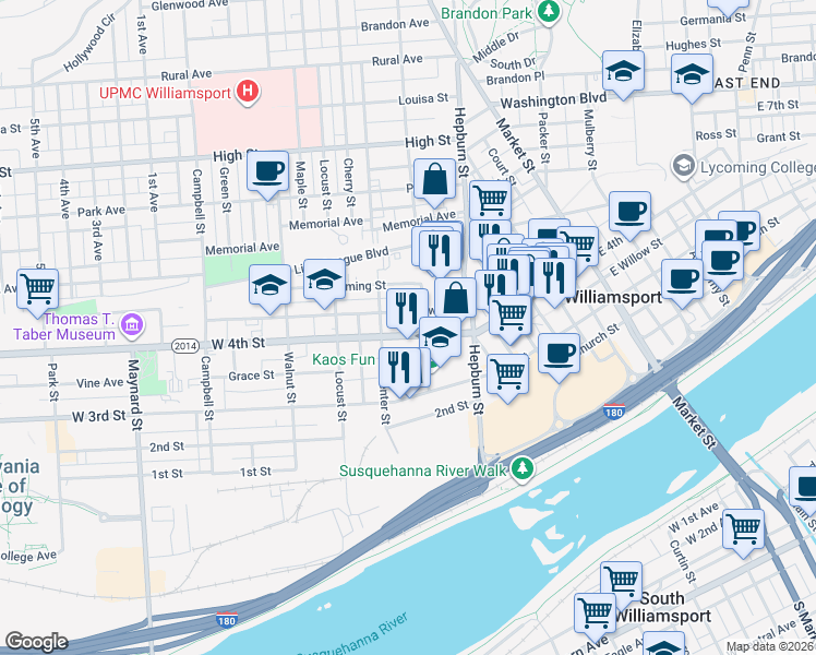 map of restaurants, bars, coffee shops, grocery stores, and more near in Williamsport