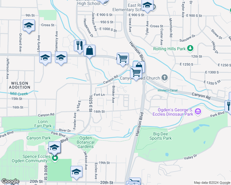 map of restaurants, bars, coffee shops, grocery stores, and more near 1155 East 1390 South in Ogden