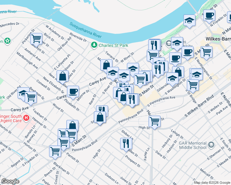 map of restaurants, bars, coffee shops, grocery stores, and more near 86 Academy Street in Wilkes-Barre