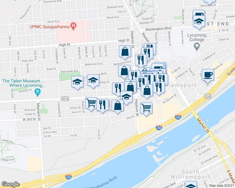map of restaurants, bars, coffee shops, grocery stores, and more near in Williamsport