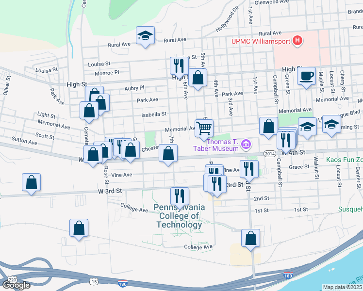 map of restaurants, bars, coffee shops, grocery stores, and more near 510 6th Avenue in Williamsport