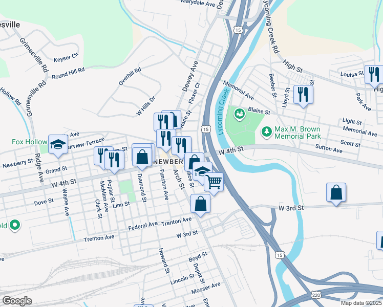 map of restaurants, bars, coffee shops, grocery stores, and more near 928-998 Moore Avenue in Williamsport