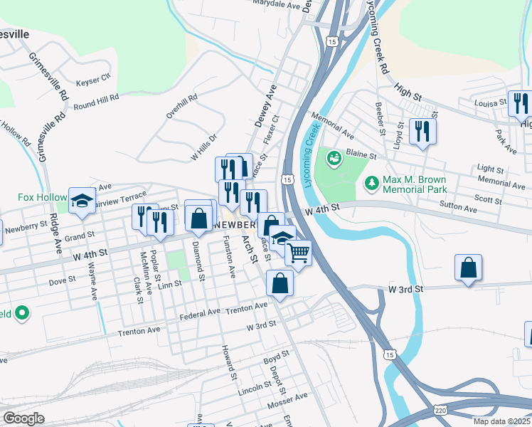 map of restaurants, bars, coffee shops, grocery stores, and more near 928-998 Moore Avenue in Williamsport