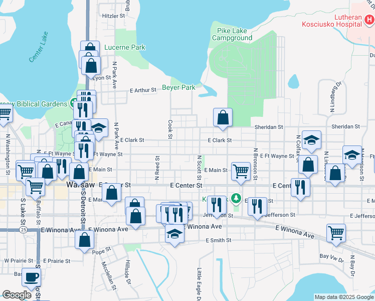 map of restaurants, bars, coffee shops, grocery stores, and more near 935 East Clark Street in Warsaw