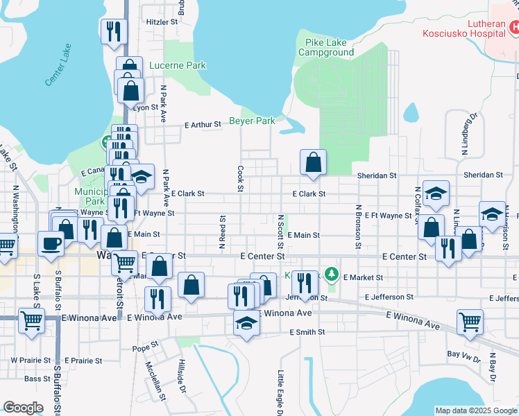 map of restaurants, bars, coffee shops, grocery stores, and more near 935 East Clark Street in Warsaw