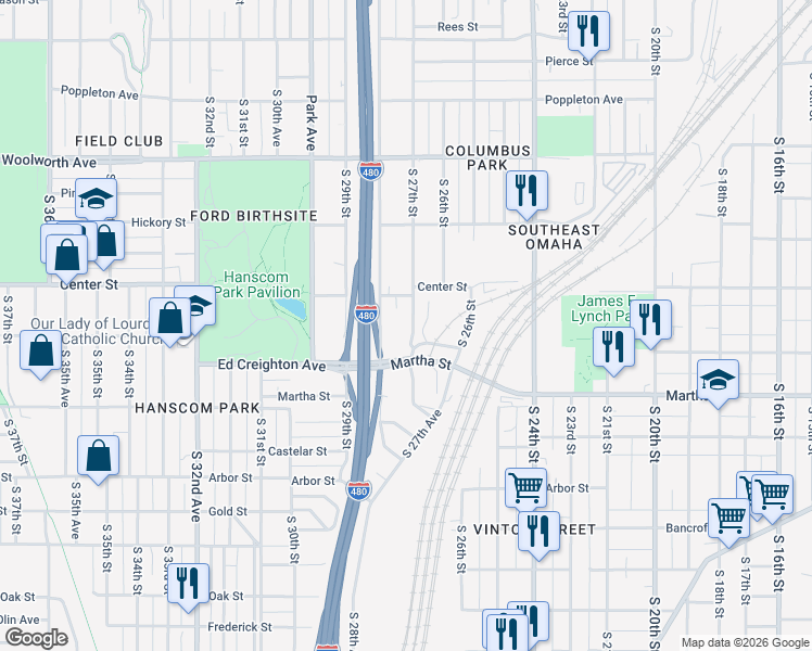 map of restaurants, bars, coffee shops, grocery stores, and more near 1908 South 27th Street in Omaha