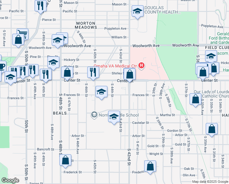 map of restaurants, bars, coffee shops, grocery stores, and more near 1905 South 44th Street in Omaha