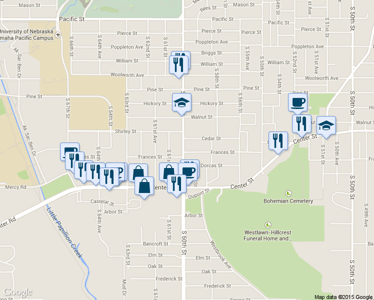 map of restaurants, bars, coffee shops, grocery stores, and more near 2001 South 60th Street in Omaha