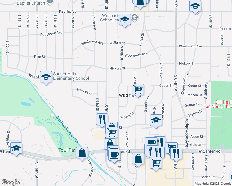map of restaurants, bars, coffee shops, grocery stores, and more near 1864 South 88th Street in Omaha