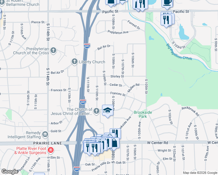 map of restaurants, bars, coffee shops, grocery stores, and more near 10826 Cedar Street in Omaha