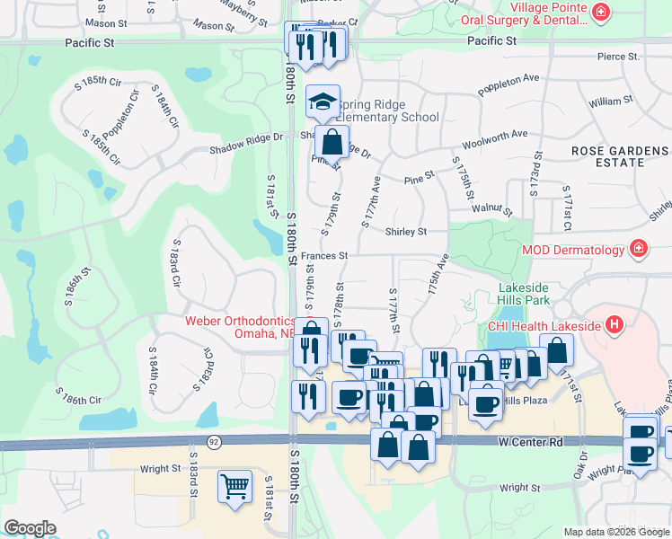map of restaurants, bars, coffee shops, grocery stores, and more near 17750 Frances Street in Omaha