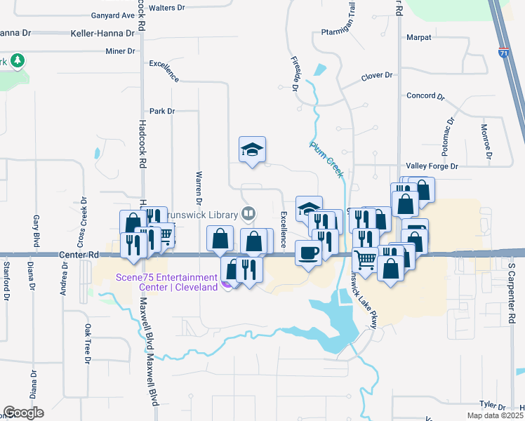 map of restaurants, bars, coffee shops, grocery stores, and more near 3637 Center Road in Brunswick