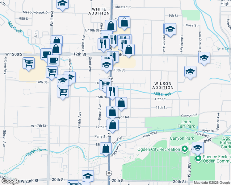 map of restaurants, bars, coffee shops, grocery stores, and more near 1454 410 East in Ogden