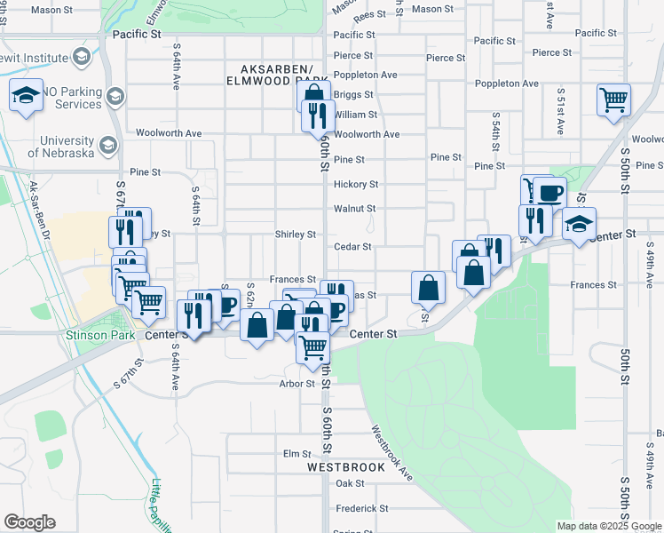 map of restaurants, bars, coffee shops, grocery stores, and more near 2001 South 60th Street in Omaha