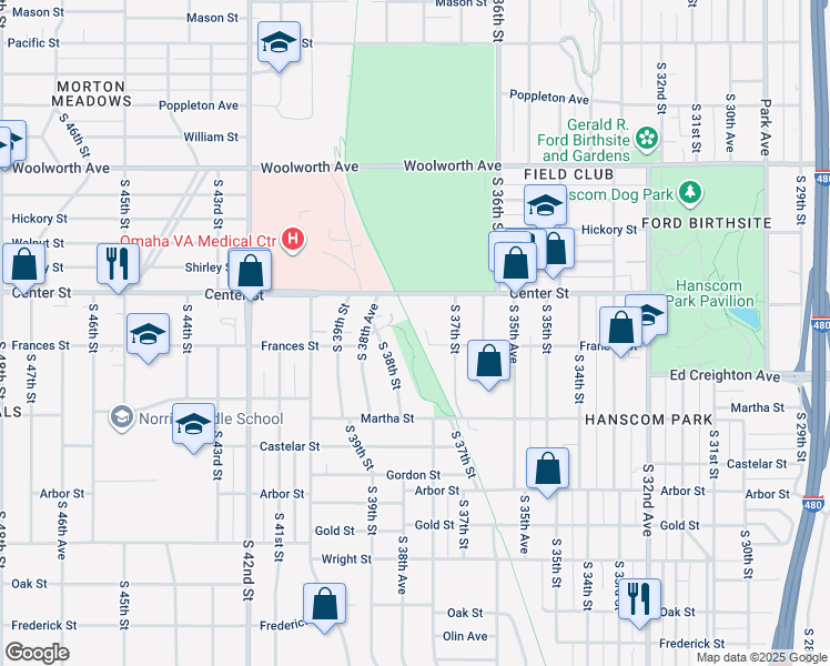 map of restaurants, bars, coffee shops, grocery stores, and more near Field Club Trail in Omaha