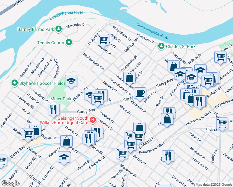 map of restaurants, bars, coffee shops, grocery stores, and more near 54 Conwell Street in Wilkes-Barre