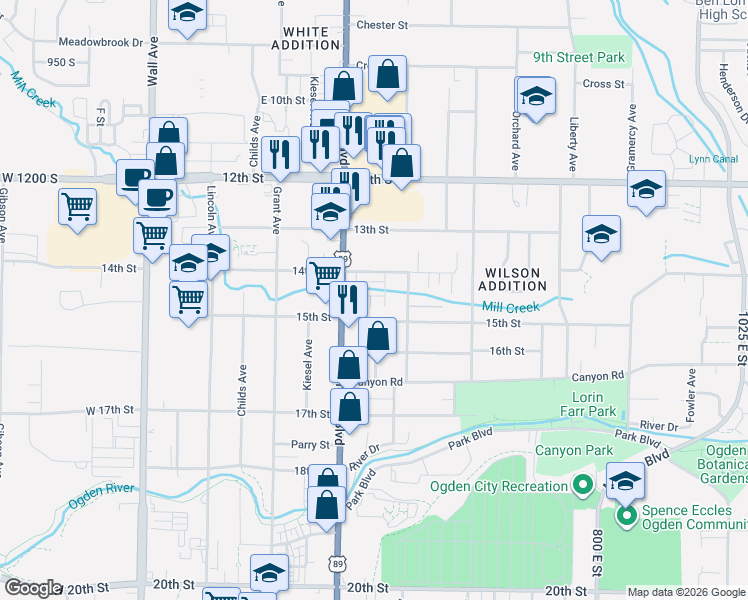 map of restaurants, bars, coffee shops, grocery stores, and more near 1444 South 440 West Street in Ogden