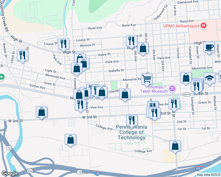 map of restaurants, bars, coffee shops, grocery stores, and more near 522 Grier Street in Williamsport