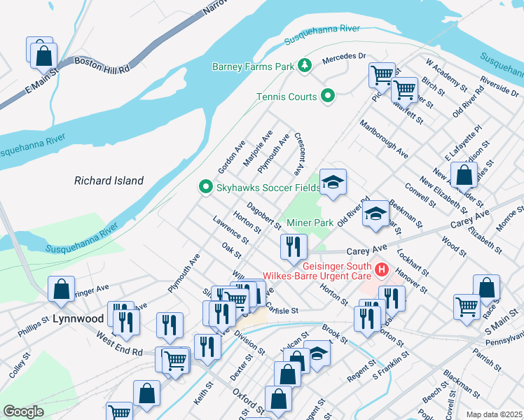 map of restaurants, bars, coffee shops, grocery stores, and more near 173 Crescent Ave in Wilkes-Barre