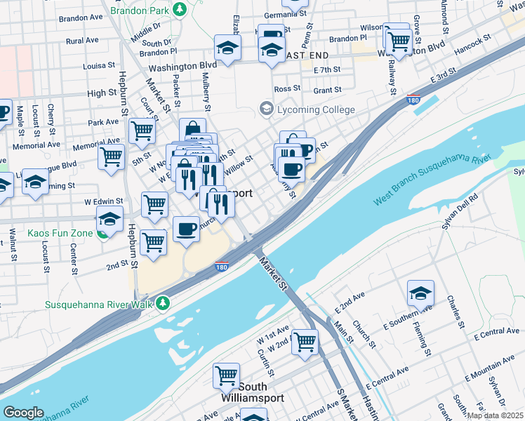 map of restaurants, bars, coffee shops, grocery stores, and more near 123 East Canal Street in Williamsport