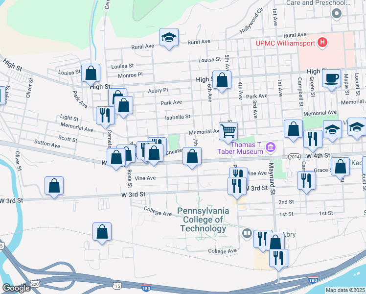 map of restaurants, bars, coffee shops, grocery stores, and more near 510 Lose Parkway in Williamsport
