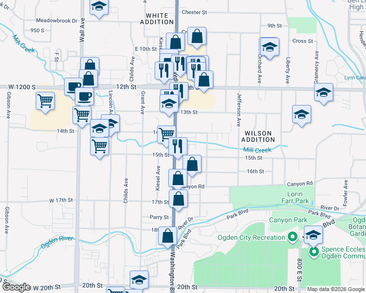 map of restaurants, bars, coffee shops, grocery stores, and more near 1442 410 East in Ogden