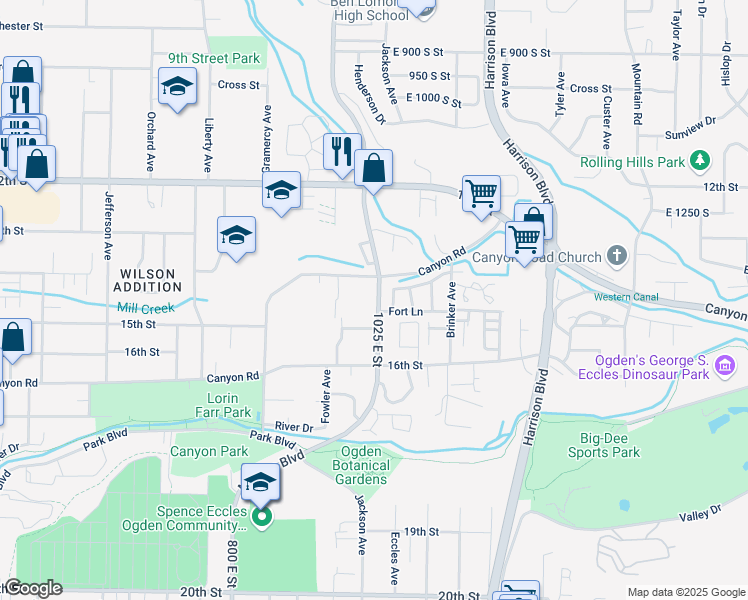 map of restaurants, bars, coffee shops, grocery stores, and more near 1014 Creekside Drive in Ogden