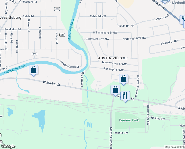 map of restaurants, bars, coffee shops, grocery stores, and more near 3301 Randolph Street Northwest in Warren