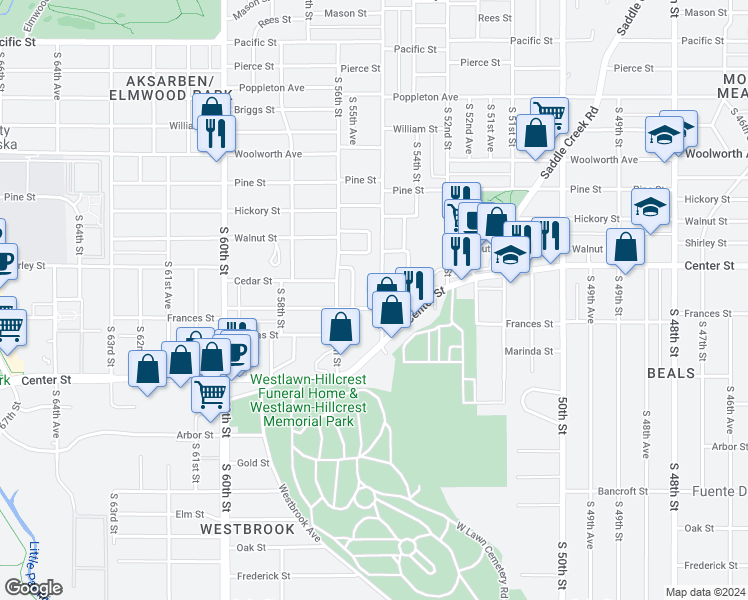 map of restaurants, bars, coffee shops, grocery stores, and more near 1924 South 55th Street in Omaha