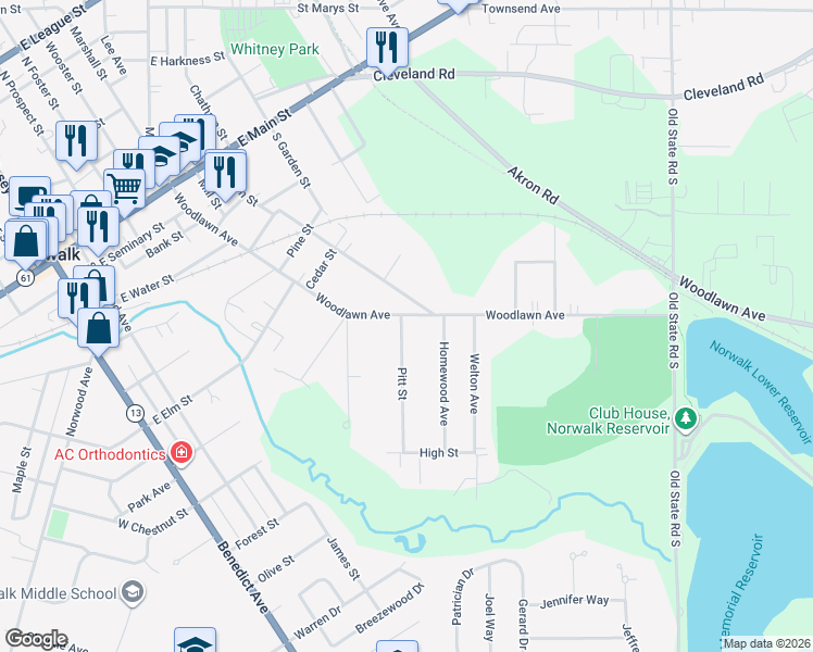 map of restaurants, bars, coffee shops, grocery stores, and more near 99 Woodlawn Avenue in Norwalk