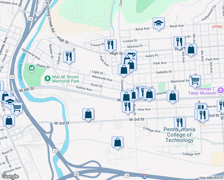 map of restaurants, bars, coffee shops, grocery stores, and more near 1410-1498 Scott Lane in Williamsport